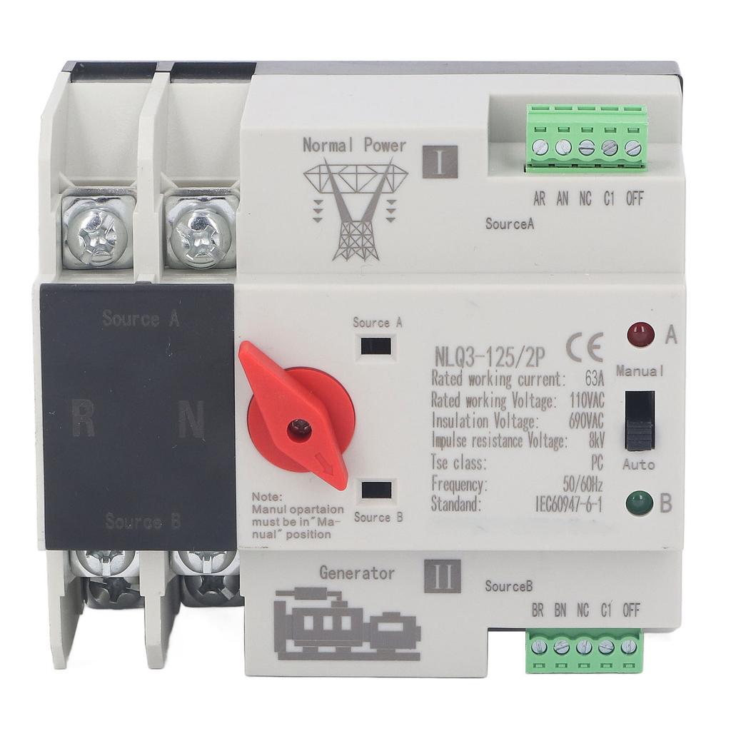 2P Dual Power Automatic Transfer Switch Generator Transfer Changeover Switch AC110V 50Hz 60Hz 63A
