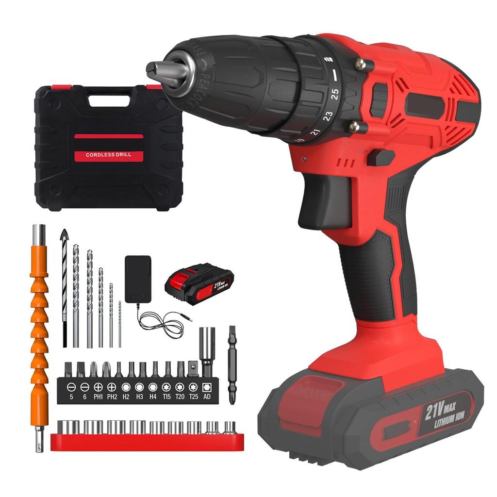 21V Wireless Drill and Screwdriver Set - 2 Speed, 3/8 "Keyless Chuck, 45N.m Torque, Li-Ion Battery, 29 + 1 Drill and Screwdriver Head
