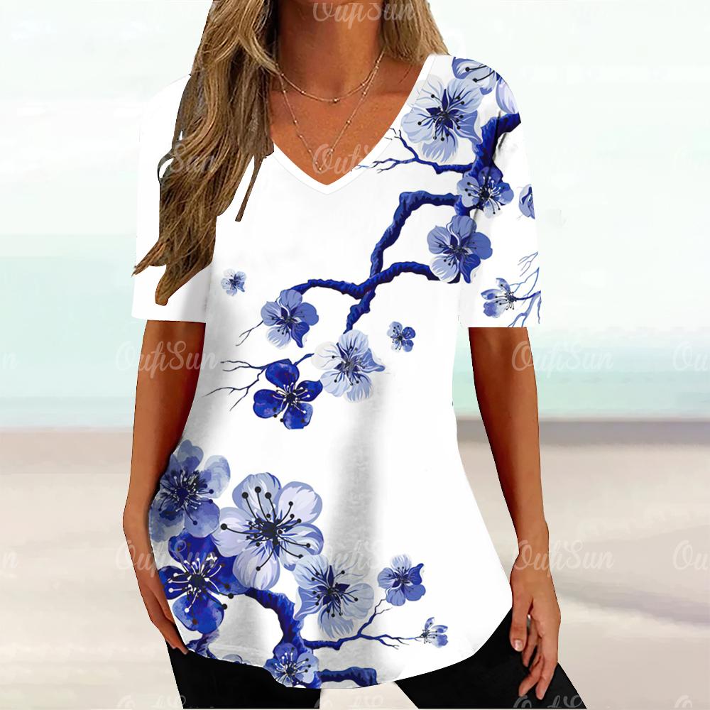 Summer V-neck 3D Floral Printed Top Fashionable Casual Short Sleeved Women's T-shirts