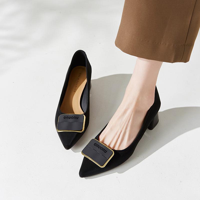 Elegant pointed square buckle shallow mouth coarse single order shoes