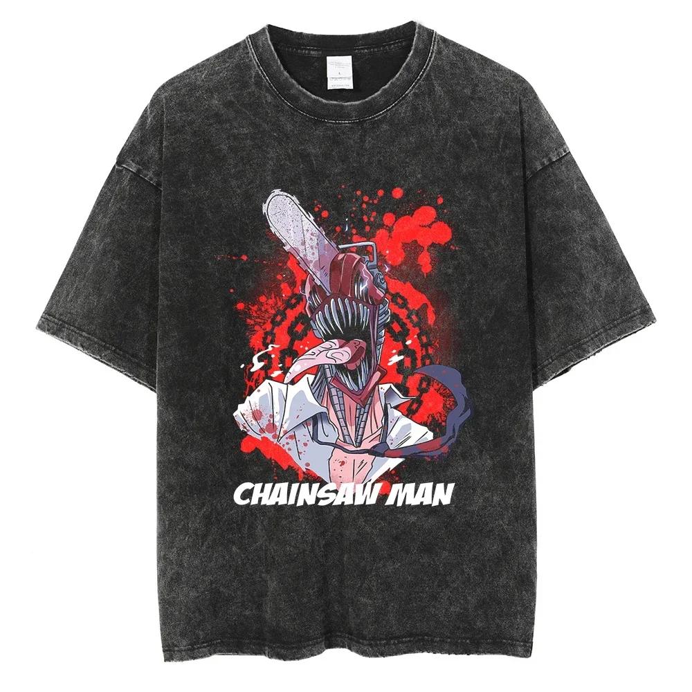Anime Chainsaw Washed Short Sleeved Round Neck Yk Tshirt Ropa Hombre Men Clothing New in Top Tees Mens TShirt Camisetas