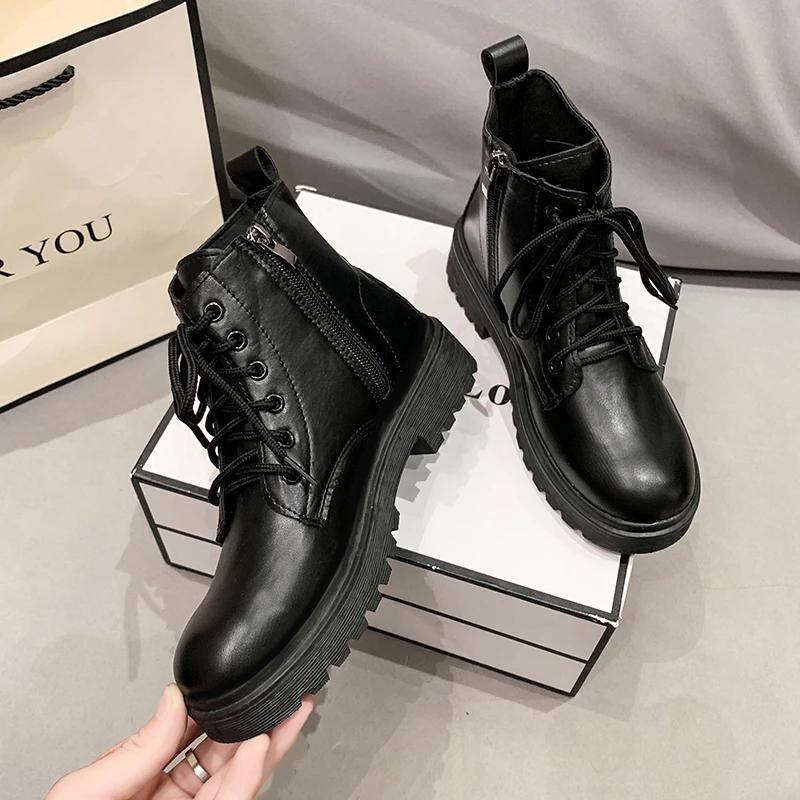 Модные осенние туфли на платформе для женщин, новые женские ботильоны с круглым носком, увеличивающие рост, повседневные женские мотоциклетные ботинки для улицы