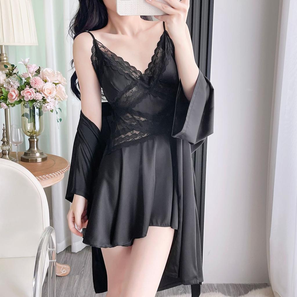 New French lace suspender nightdress women's summer ice silk two-piece set sexy temptation V-collar loungewear set can be outside