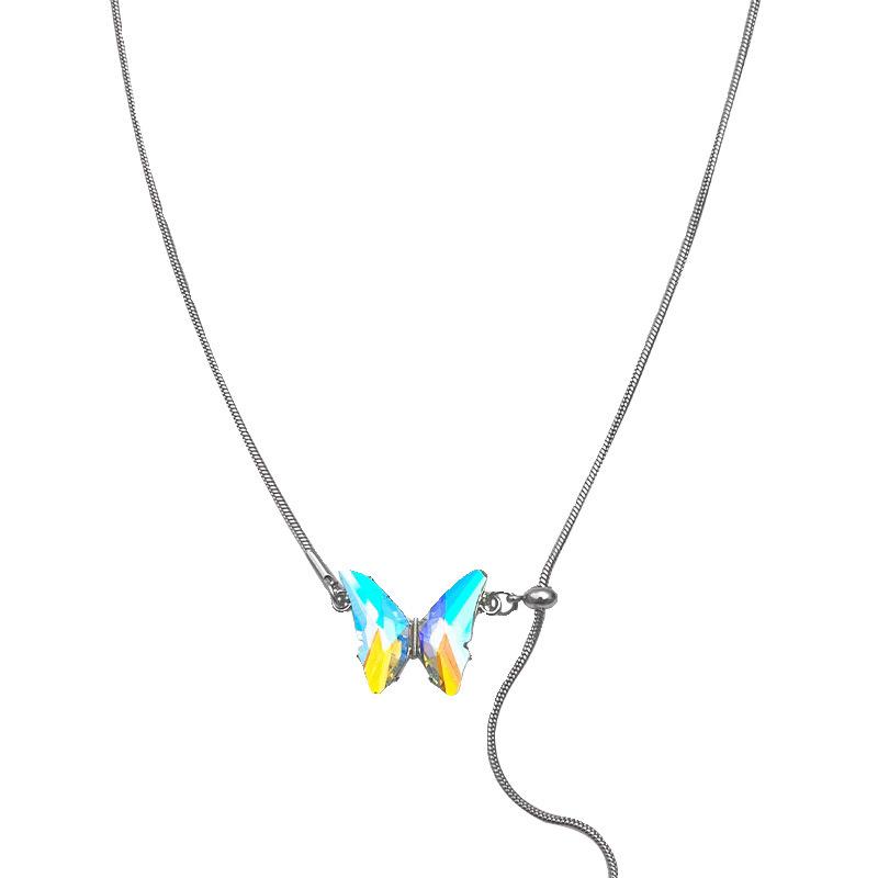 Tide cool laser rhinestone butterfly pullable thin chain necklace women's niche luxury design temperament collarbone chain