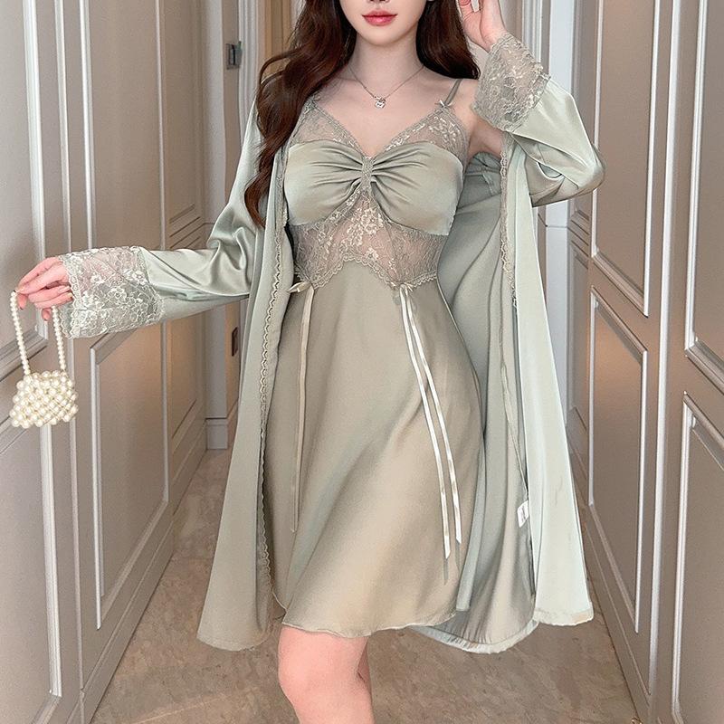 Summer new pajama two-piece set, fashionable and sexy lace, breathable soft nightdress, jacket available in multiple colors