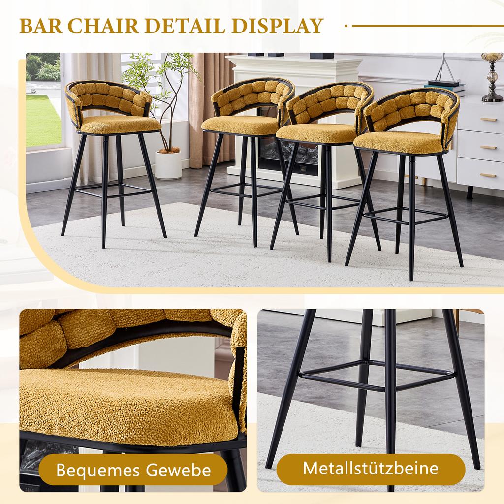 Set of 2 Yellow Velvet Curtain Chairs with Black Iron Legs, Modern Bar Stools for the Home Bar Area