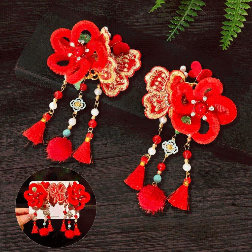 1 Pair Flower Hanfu Red Hair Clips Pearl Bow Tassel Hairpin New Year Headwear  Children