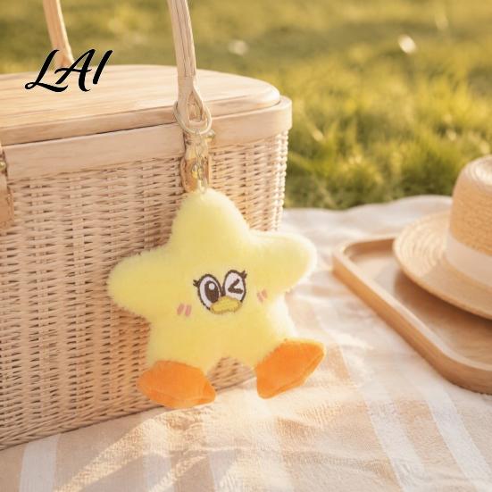 Portable Plush Pendant with Metal Ring Star Duck Keychain Soft Stuffed Animal Embroidered Face Small Toy for Handbags Cute Cartoon Bag Charm