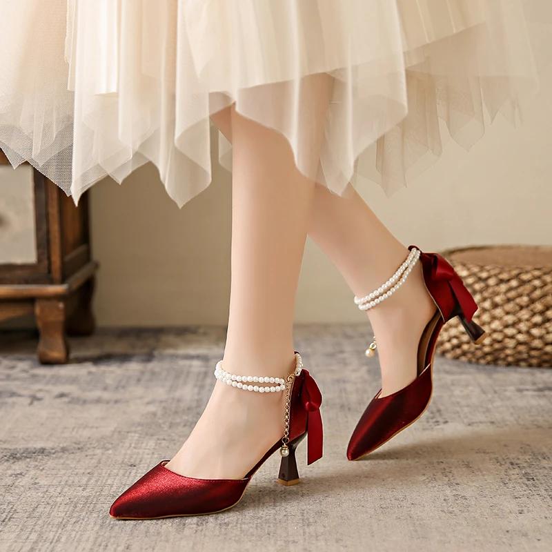 Women's High Heels Summer New Pointed Pearl Bow Wedding Shoes Casual Fashion Slim Heel Shoes Mary Jane Shoes