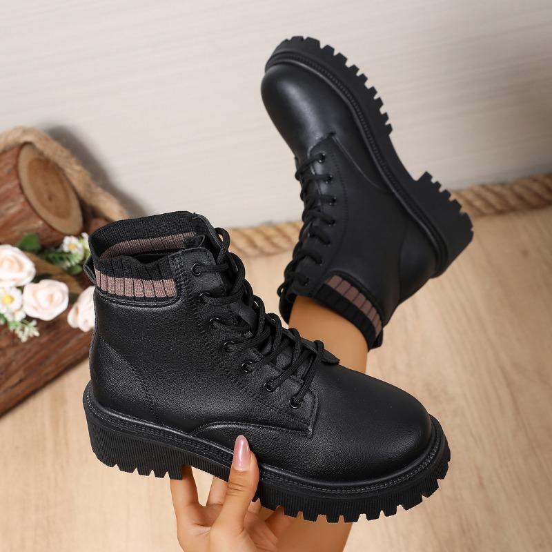 Полусапожки до бедра Осень Новые Круглый носок Передняя шнуровка Платформа Нескользящие Износостойкие Ботильоны на блочном каблуке