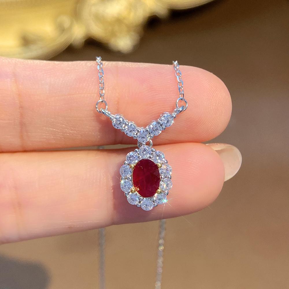 Natural Red Ruby Pendant Necklace S925 Sterling Silver Fine Jewelry for Women Fashion Gemstone Charm Anniversary Gift