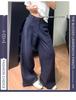 Navy Blue Textured Wide-Leg Petite Pants for Women 145cm - XS, Spring & Autumn Casual Workwear