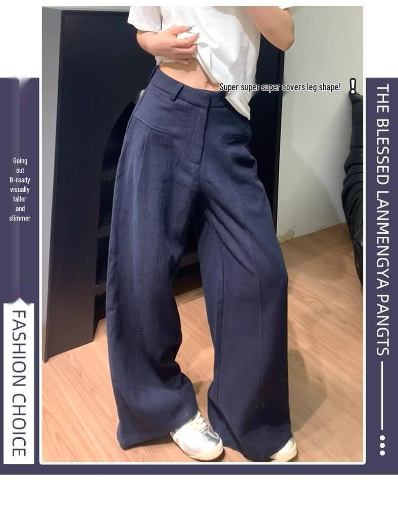Navy Blue Textured Wide-Leg Petite Pants for Women 145cm - XS, Spring & Autumn Casual Workwear