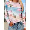 Women's Round Neck Long Sleeve T-Shirt Pink Beach Flamingo and Parasol Print Top
