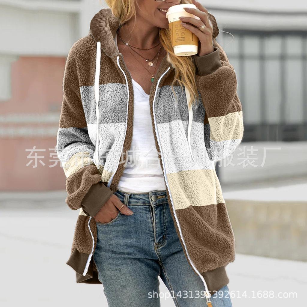 Women Color Block Fuzzy Fleece Hooded Jacket Full Zip Long Sleeve Plush Coat Casual Warm Outerwear S-5XL