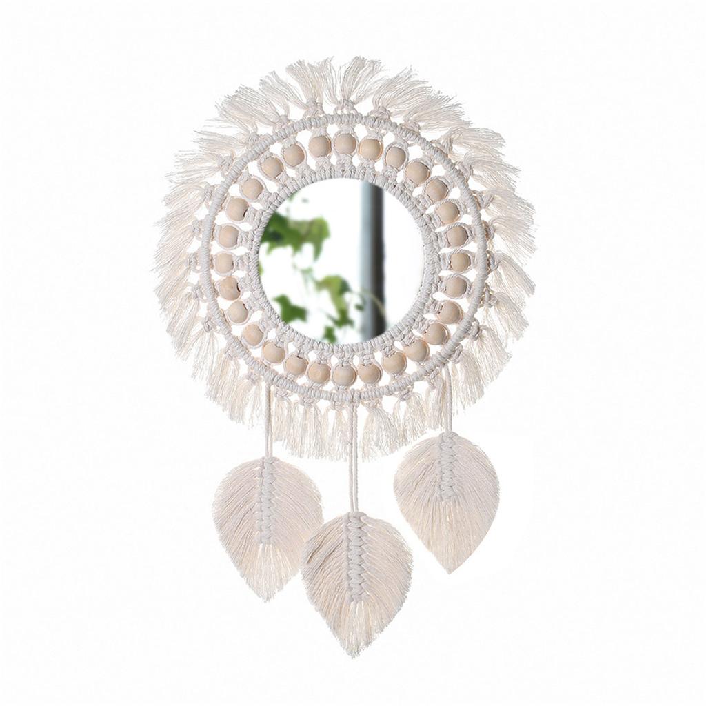 Bohemian Wall Hangings Mirrored with Macrames Woven Fringed Tassels Leaf Pendants Handmade Decorative Makeup Mirrored