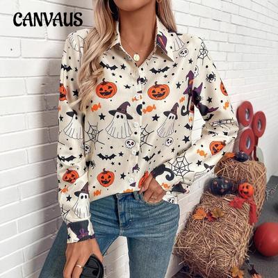 Весенне-осенняя женская рубашка больших размеров с принтом Хэллоуина и длинными рукавами