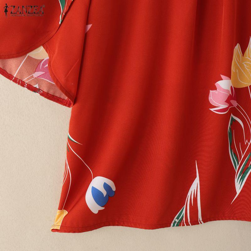 ZANZEA Женская повседневная блузка с круглым вырезом, свободного кроя, с принтом и рукавами до локтя