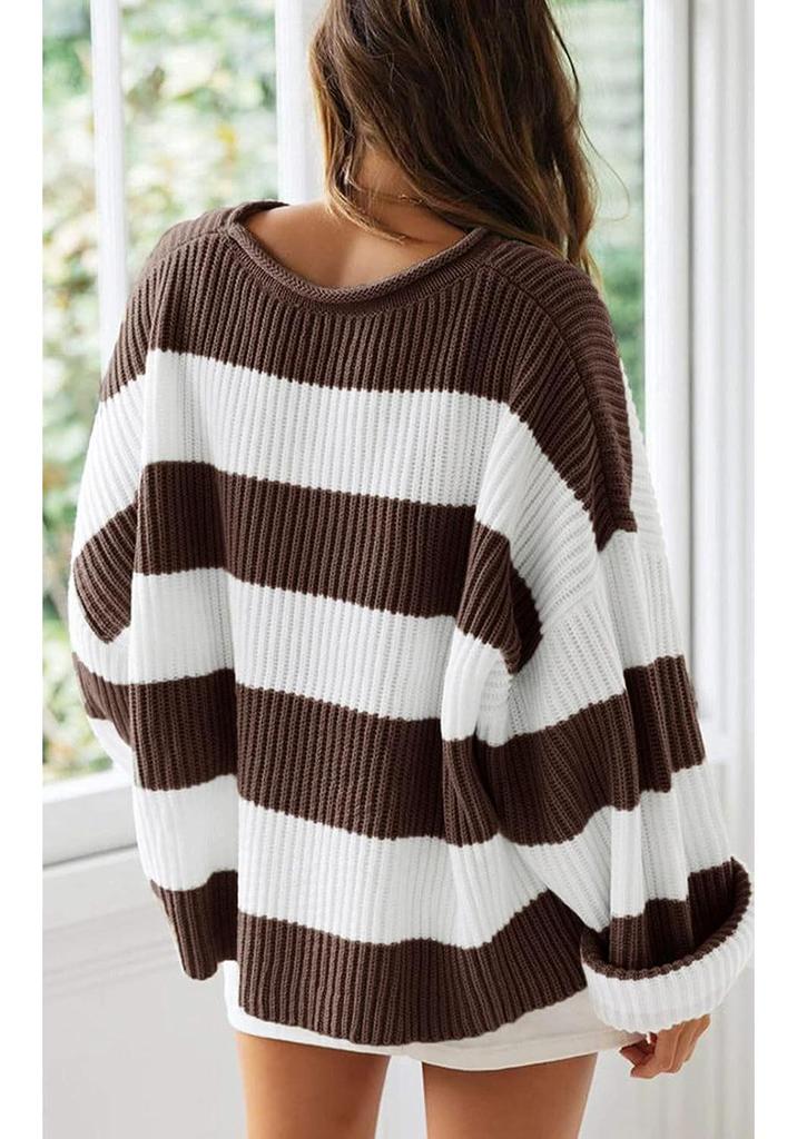 Women's Striped Bell Sleeve Knit Sweater - Round Neck, Long Sleeve, Loose Fit for Autumn/Winter, European American Style