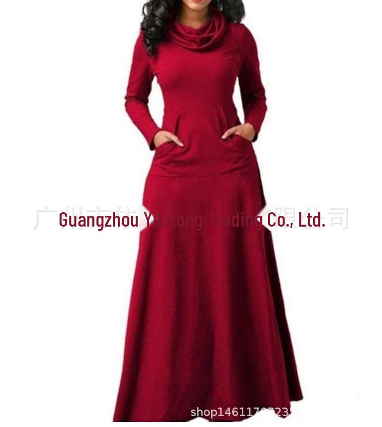 2022 Autumn/Winter Solid Color Patchwork Pocket Long Dress