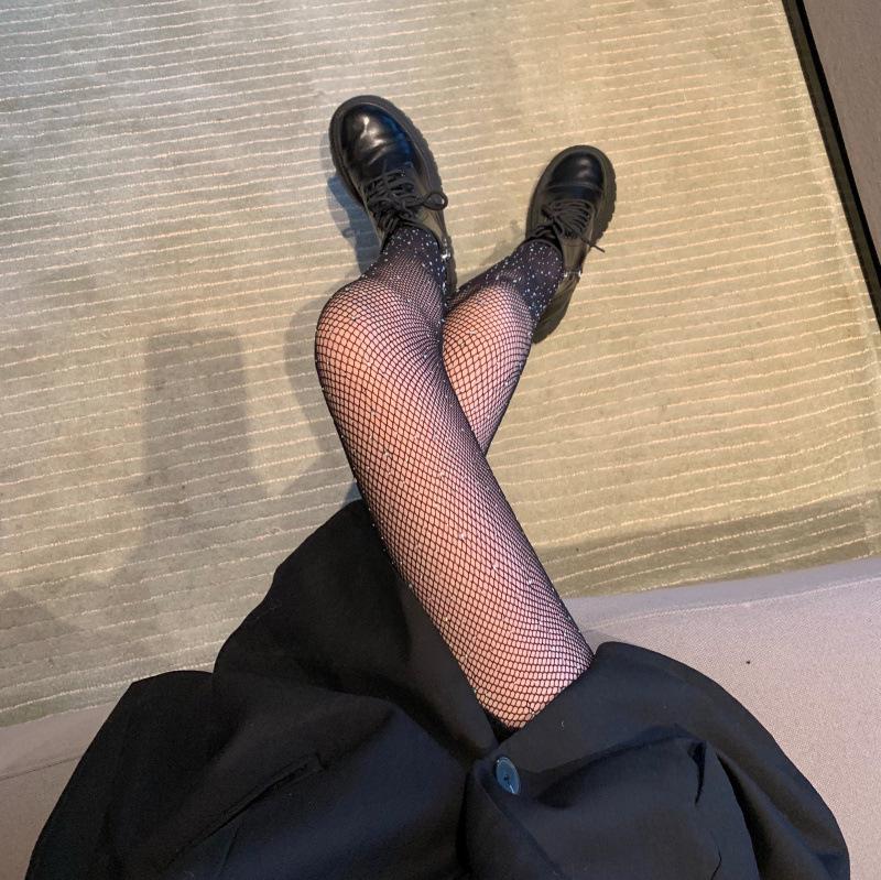 Black Fishnet Stockings with Rhinestones - Trendy, Sexy, Shiny Pantyhose for Women, Thin and Hollowed Out Style for Spring.