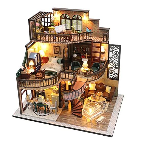 Blue Giraffe Miniature Dollhouse Retro DIY Wooden Perfect for Passing Diorama Includes LED Light and Dust Cover Kit, 3-Story Villa, Dollhouse, Time,