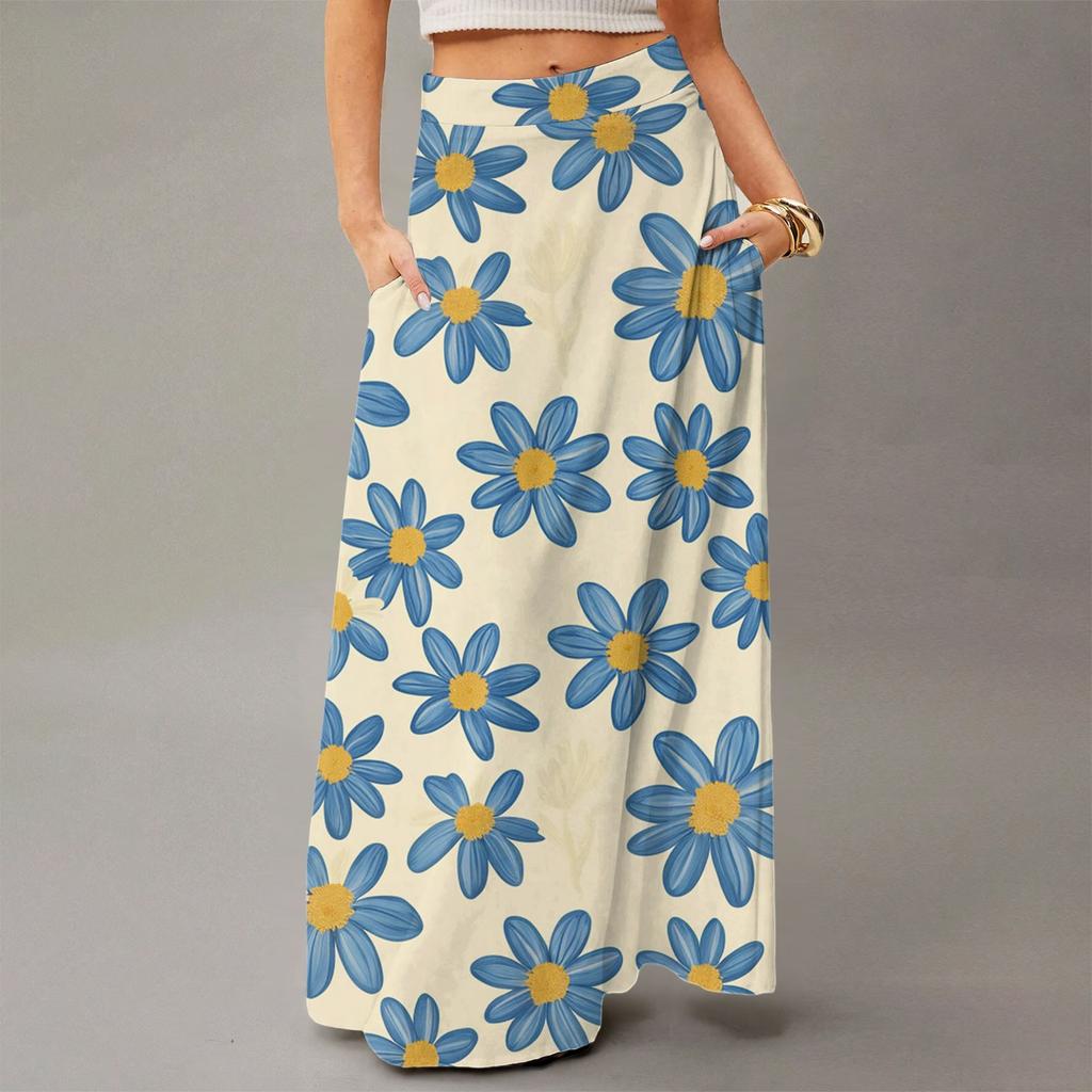 Женская повседневная складная юбка макси с цветочным принтом, высокой талией и карманом, с драпировкой
