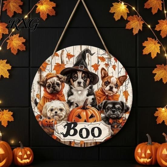Creative Pumpkin Print Wooden Halloween Door Sign, Cute Puppy Witch Hat Boo Front Seasonal Entrance Decoration Hanger, Fall Maple Leaf Wall Decor for