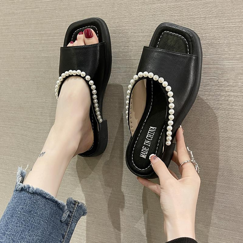 2024 Новые летние женские тапочки Модные сандалии с жемчугом Женские тапочки с открытым носком на низком каблуке Сексуальные сандалии на плоской подошве с открытой пяткой Женские тапочки