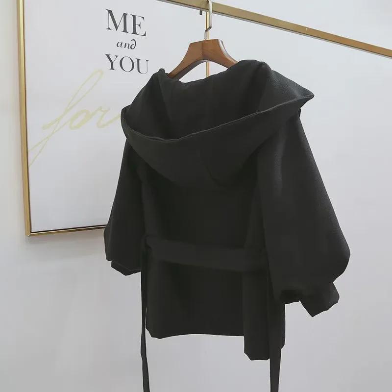 Пальто-накидка из красной шерсти в корейском стиле с капюшоном и завязкой, рукава-фонарики, модный короткий дизайн для миниатюрных женщин