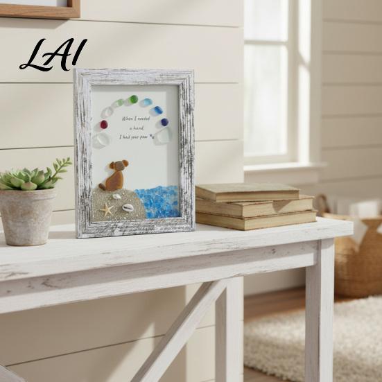 Creative Home Decoration Sea Glass Picture Frame with Puppy/Cat and Shell Beach Theme Ornament Handmade Artistic Photo for Living Room Wall Decor &