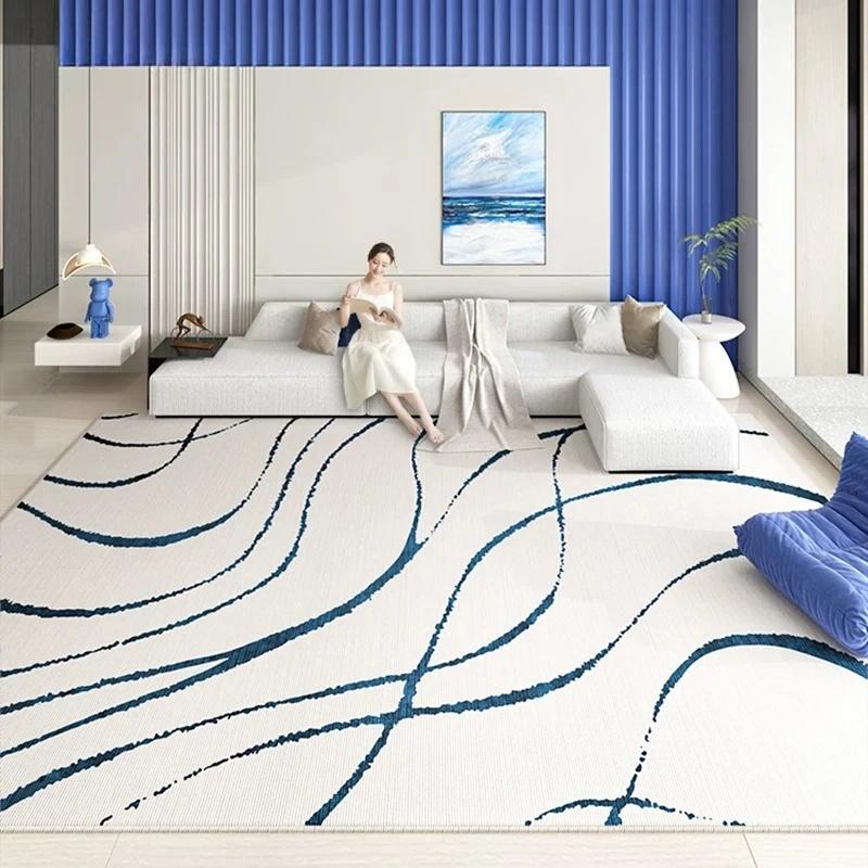 Abstract Line Area Rug White Base Blue Wavy Lines Non Slip Large Floor Carpet for Living Room Bedroom Decor