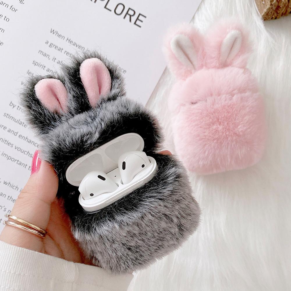 Мягкий меховой чехол с кроличьими ушками для AirPods 1 2, пушистая коробка с беспроводной зарядкой и карабином, плюшевый чехол для Airpods Pro, защитный чехол