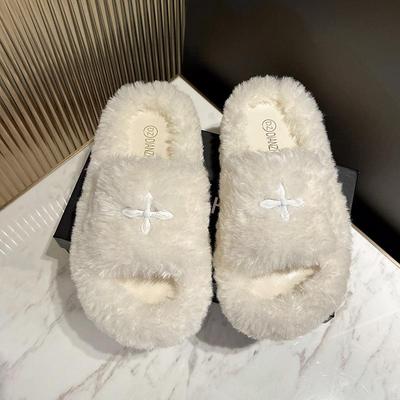 Женские модные пушистые шлепанцы-крестики 2024 года - Толстая подошва из овечьей шерсти для ношения в помещении/на улице