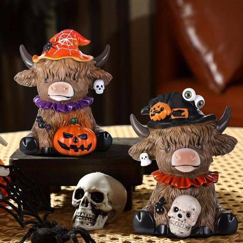 High Land Cow Holding Skull Pumpkin Statue Unique Holiday Gift Handcrafted Resins Figurine Halloween Tabletop Display