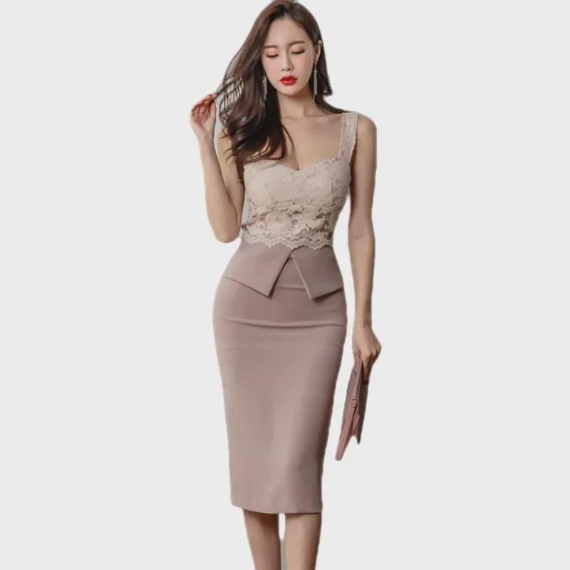 2019 Летнее корейское кружевное платье с подтяжками – облегающий крой OL Style