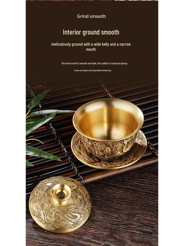 Антикварный набор чайных чашек из латуни: Мотив Дракона и Феникса с бронзовыми украшениями, коллекция из 3 предметов