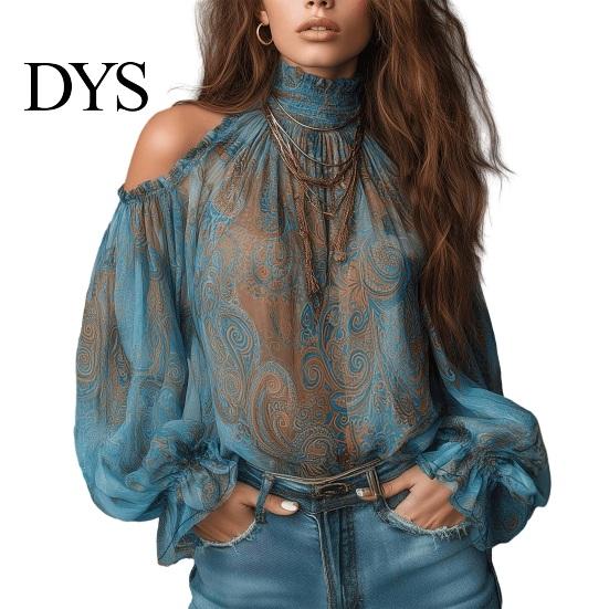 Skin Friendly Shirts Women Fall Cold Shoulder Shirt, Vintage Ethnic Print High Casual Blouses Collar Blouse, Ruffle Lantern Sleeve Top Autumn