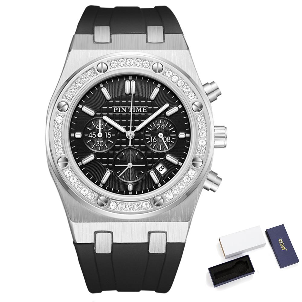 Casuals Watch for Men Diamond Iced Bezel Fashion Quartz Wristwatch Sports Silicone Band Waterproof 30m Chronograph Reloj Hombre