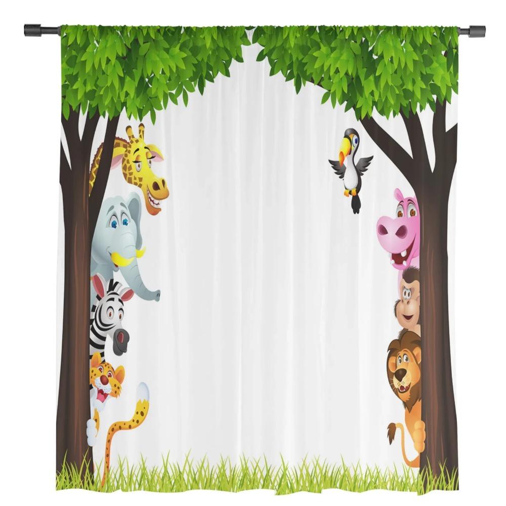 Jungle Forest Cartoon Animal Lion Elephant Tulle Sheer Curtains for Living Room Bedroom Window Curtain Voile Organza Drapes