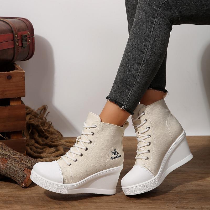 Canvas Ankle Boots Wedges High Heels Shoes Woman Rend Lace Up Spring New Fashion Leisure Pumps Walking Women's Boots Mujer Botas