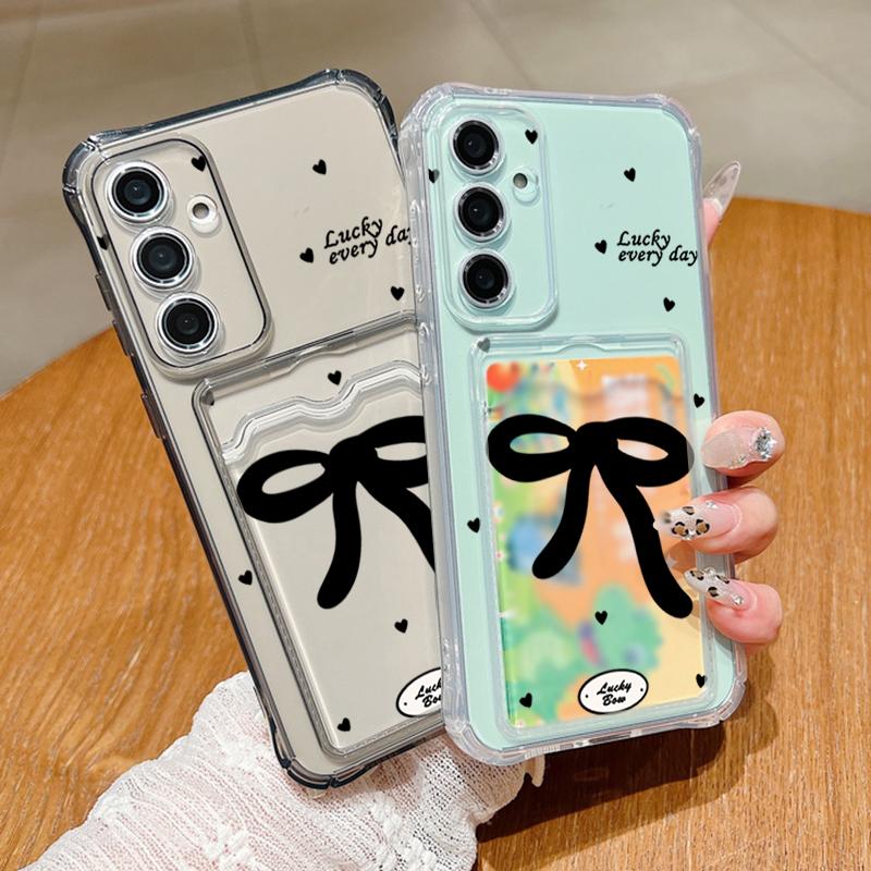 Черный чехол с бантом и слотом для карт, ударопрочный прозрачный чехол для Samsung S25 S24 FE S23 Ultra S22 A56 A36 A55 A16 A06 A15 A26, тонкий, мягкий, силиконовый чехол для телефона