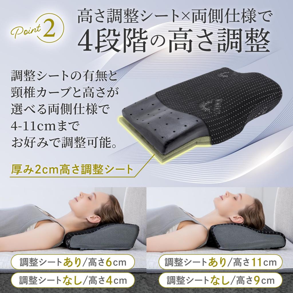 GOKUMIN Memory Foam Pillow sleep pillow with height adjustment side back no neck sleep black pillow [Good 4-level function] High, low, non-slip,
