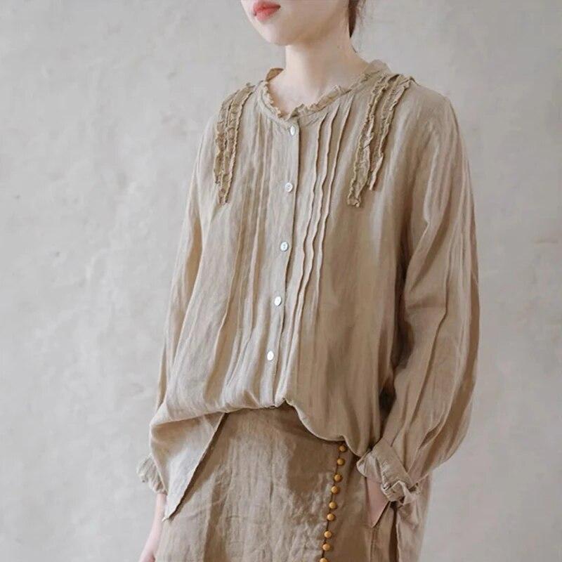 Johnature Crewneck Shirt Loose Top Women Autumn Vintage Ruffles Loose All Match Full Sleeve Female Blouses