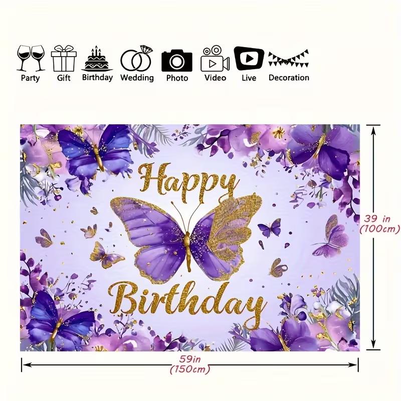 2D Purple Floral Butterfly Happy Birthday Backdrop Gold Accent Party Decoration Banner