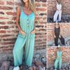 Summer Women Jumpsuit V Neck Sleeveless Loose Wide Leg Button Decor Pure Color Deep Crotch Jumpsuit with Side Pockets Casual Vacation Homewear Outfit