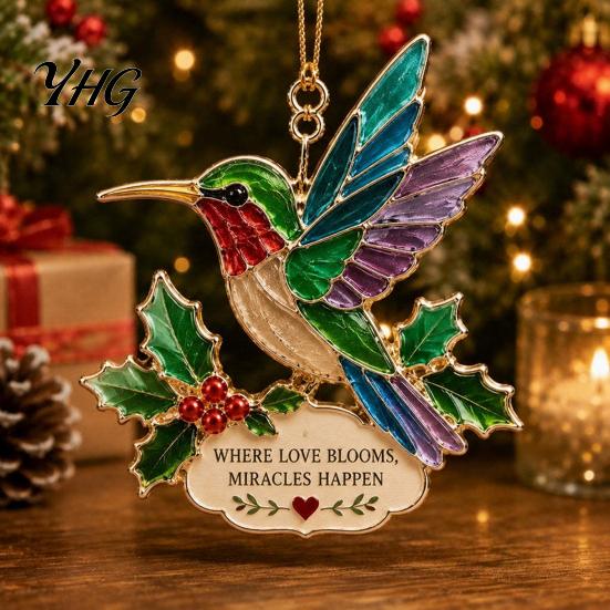 Indoor Outdoor Festive Party Supplies Faux Stained Glass Christmas Ornaments, 2D Hummingbird Dachshund Highland Cow Window Hanging Ornaments