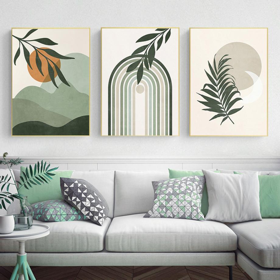 Абстрактное зеленое растение, плакат и линия печати, богемная луна, настенное искусство, мудрец, холст, картина, скандинавская настенная картина, украшение для гостиной