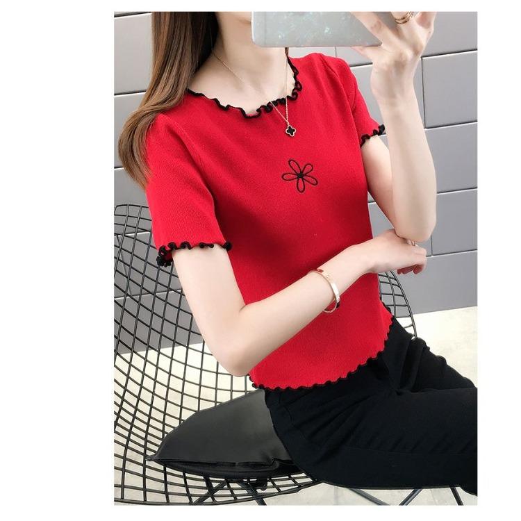 Женская кружевная трикотажная футболка с коротким рукавом из шелка, летний облегающий крой и стильный топ