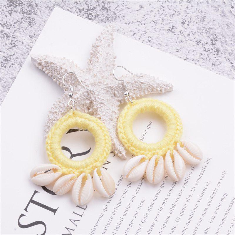Серьги-ракушки с кисточками, модные пляжные серьги в стиле бохо, оригинальные новые большие круглые висячие серьги, женские вязаные крючком серьги